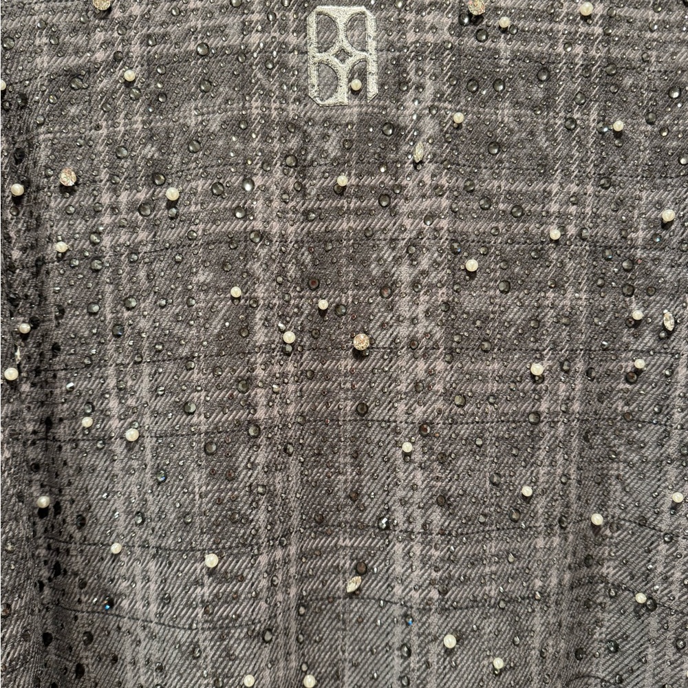 Birth of Royal Child Gray Plaid Button Down Shirt with Diamond and Pearl Accents - Picture 9 of 10